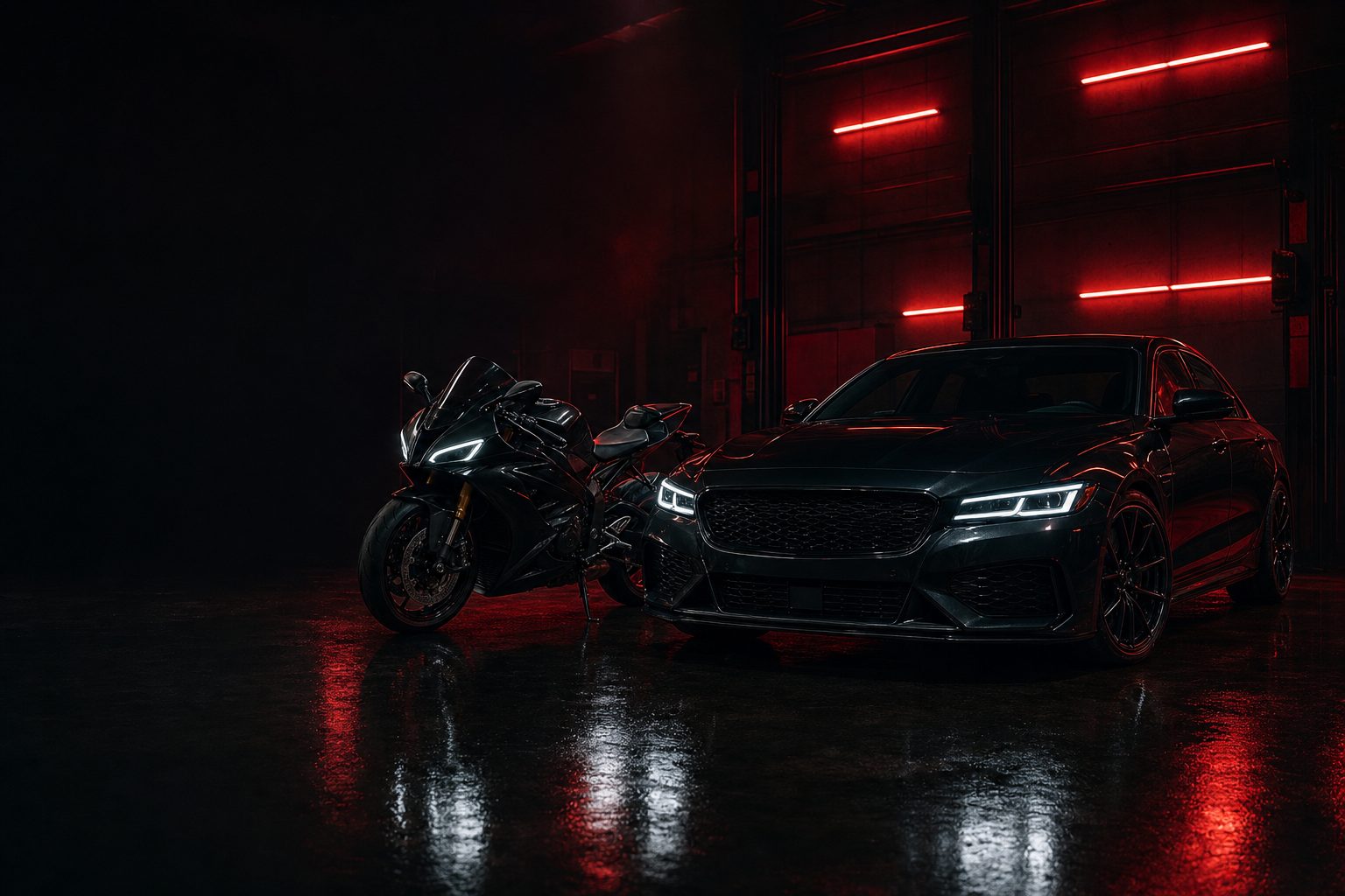 Berline et moto sportive noires dans un atelier éclairé de rouge